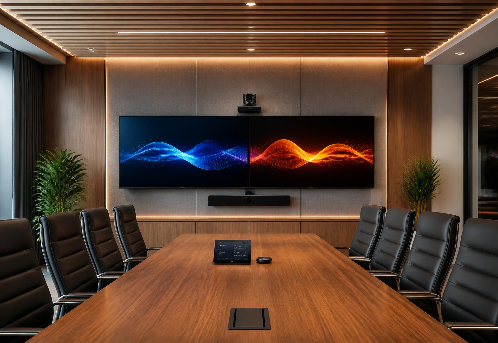 Techaagam professional conference room AV installation with dual displays, video conferencing camera and soundbar